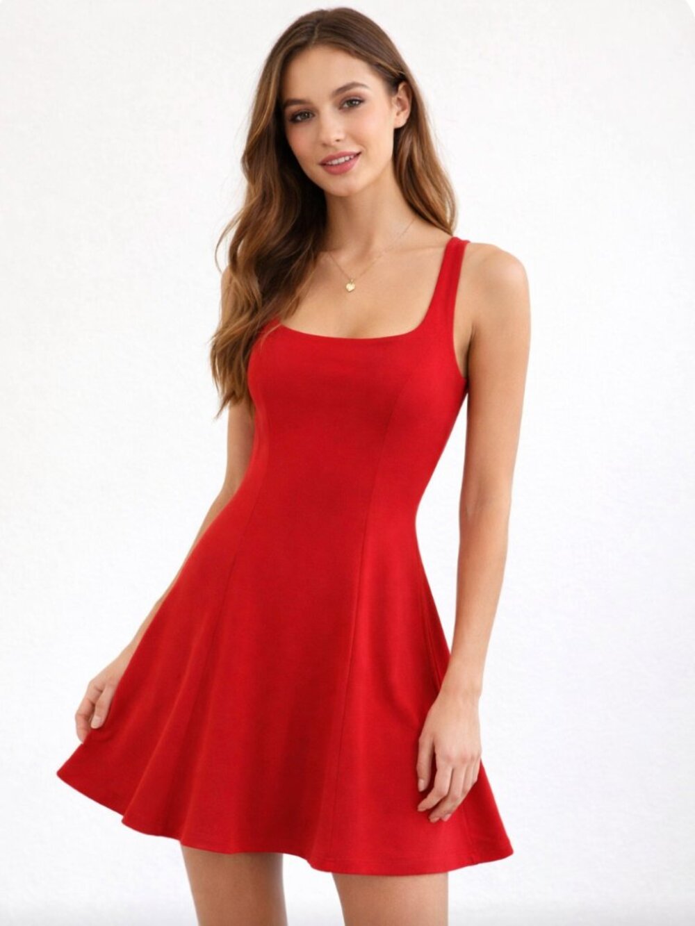Red Fit & Flare Mini Dress | Square Neck | Flowy Skater Style - Womens Small